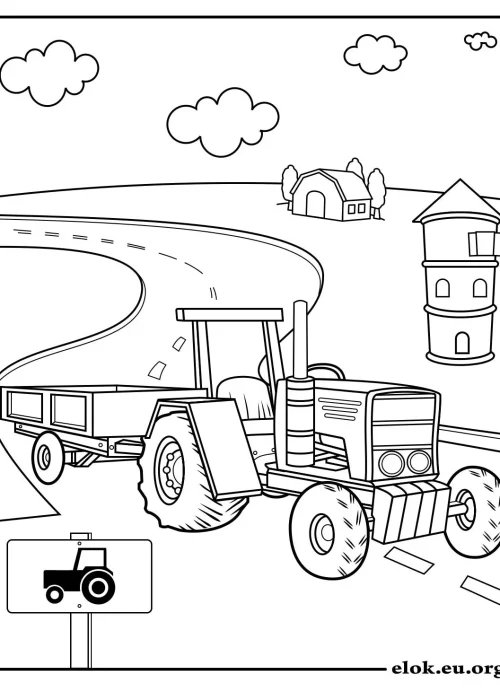 Kleurplaat van een tractor op de weg