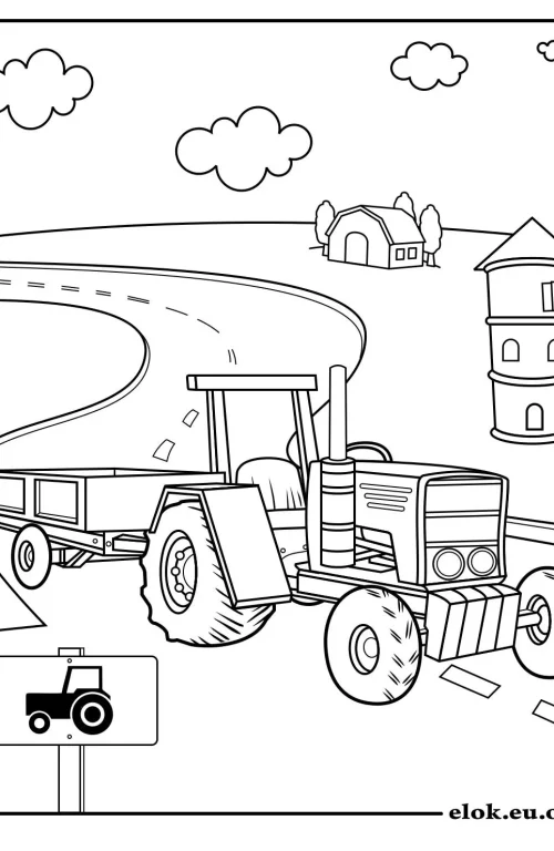 Kleurplaat van een tractor op de weg