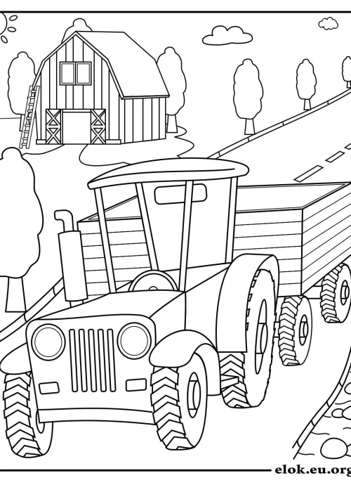 Kleurplaat van een tractor op een weg naast een boerderij